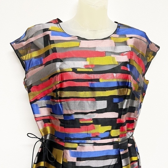 Escada Womens Silk Blend Sheer Multicolor Abstract A Line Belted Dress Size 38 - Picture 2 of 10